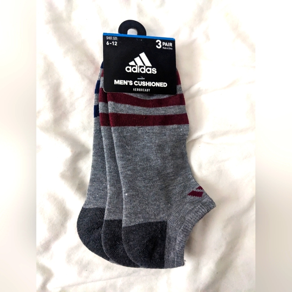 Adidas men’s no show cushioned socks 3 pairs size 6-12 gray red blue burgundy